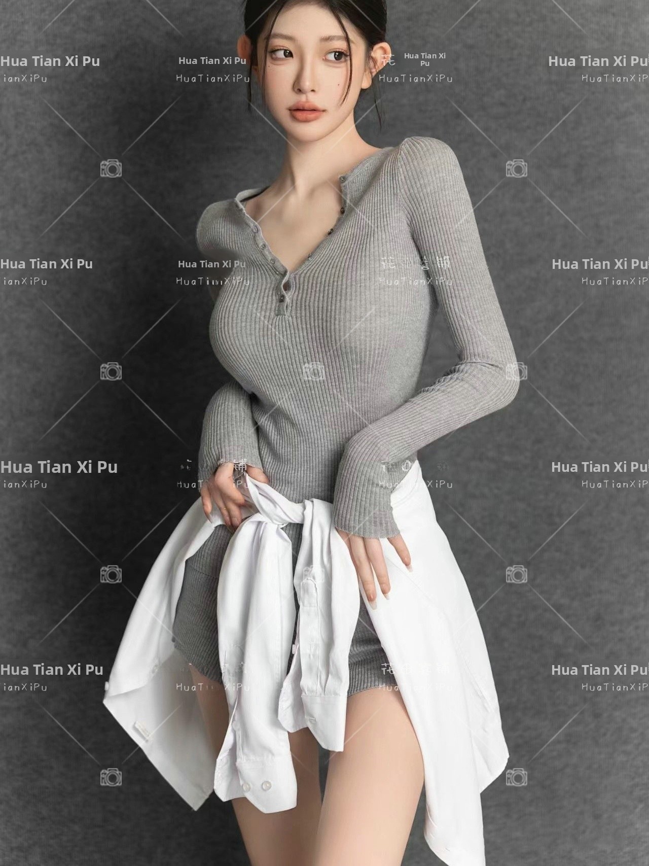 Photography Studio - Pull gris tout-en-un style coréen pour
